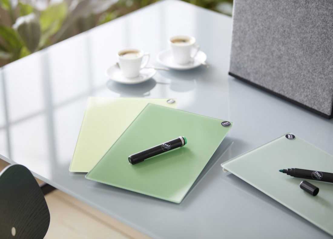 CHAT BOARD Sketch Boards in Leaf Green, Lime Green and Khaki with CAVE in Stoney Grey