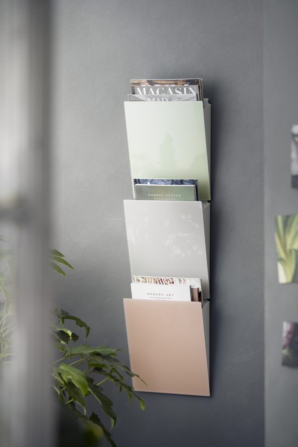 CHAT BOARD Magazine Racks in Lily, Sand and Blush in a grey interior