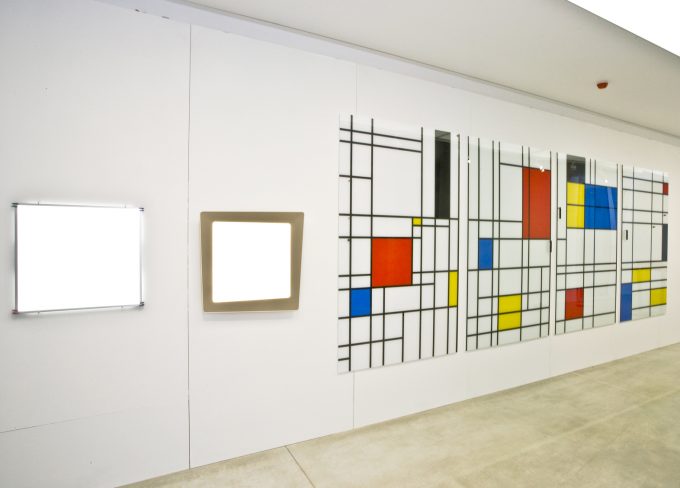 CHAT BOARD Classic printed with Mondrian style graphic designs at Turner Gallery in Margate, England