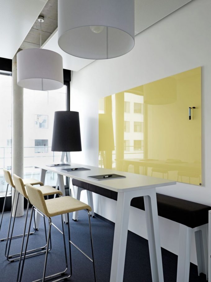 CHAT BOARD Classic magnetic glass board in Yellow at Sony Music HQ in Munich designed by CSMM