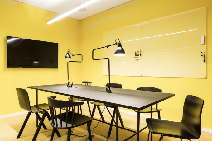 CHAT BOARD Classic magnetic glass boards in Yellow at Oatly HQ designed by RUMRUM