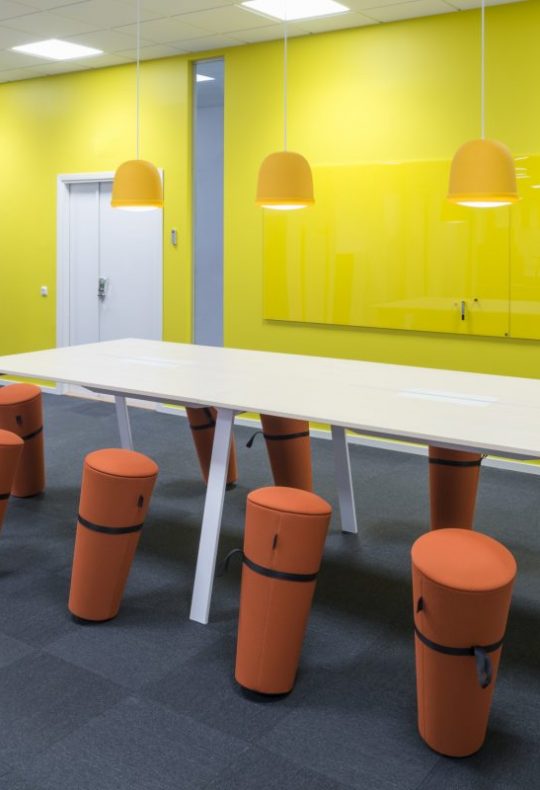 CHAT BOARD Mobile Theatre Dark Grey and Classic in Sunflower at SBAB in Stockholm designed by CE Inredningar
