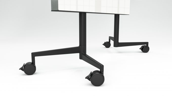 CHAT BOARD Move Acoustic in Pure White glass and Remix fabric in 0143, cross-base detail view