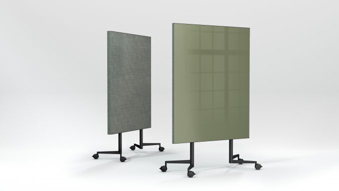 CHAT BOARD Move Acoustic in Khaki glass and Remix Screen fabric in 0908, front and back view