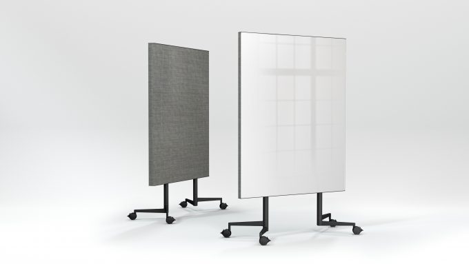 CHAT BOARD Move Acoustic in Pure White glass and Remix fabric in 0143, front and back view