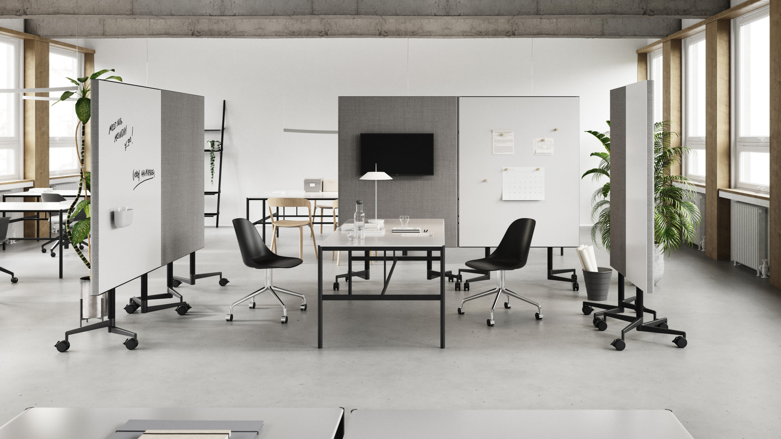 CHAT BOARD Move Acoustic as room dividers, with MIES Collab tables