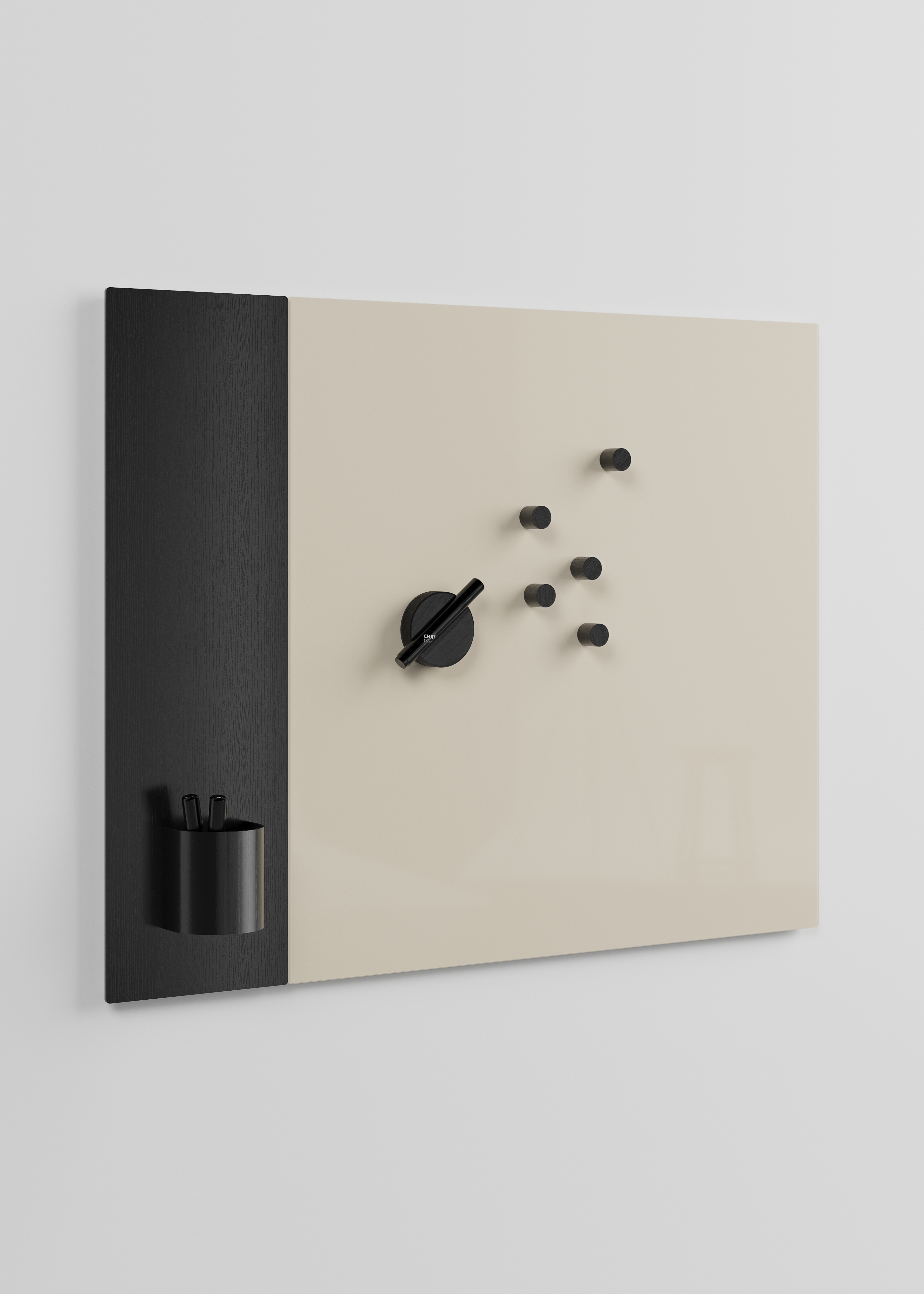 CHAT-BOARD-DISCØ-Crafted-black-ash-sand-port. CHAT BOARD Classic Crafted in black ash veneer and Sand glas, with DISCØ in black oak