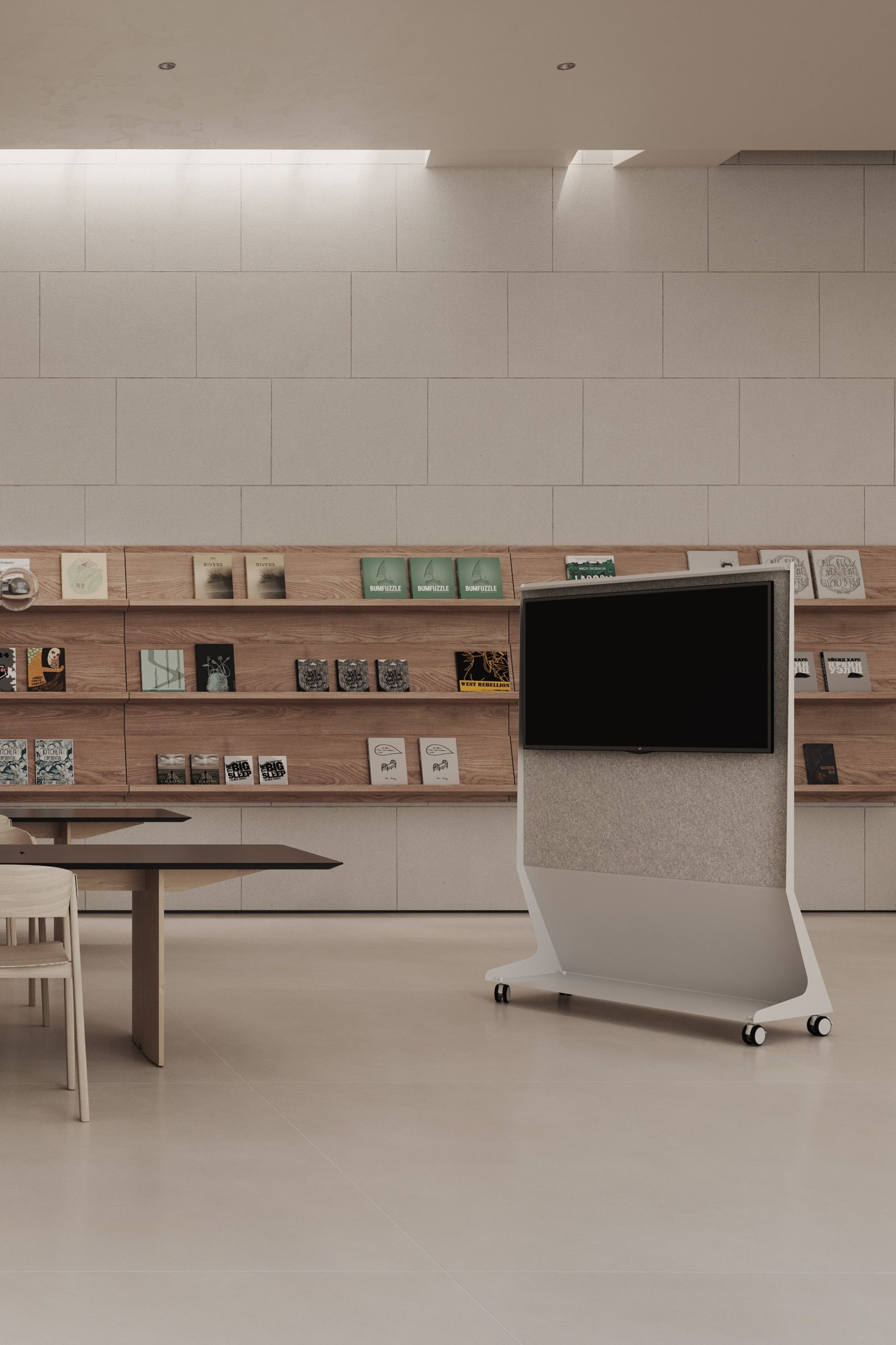 CHAT-BOARD-Mobile-Conference-White-BuzziFelt-Off-White-with-screen-ambient-gallery CHAT BOARD Mobile Conference in White and Off White BuzziFelt on back, with screen - portrait ambient image