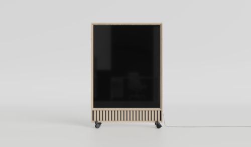 CHAT BOARD Dynamic Wood Acoustic LCD in oak, front, with Black glass
