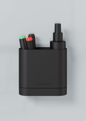 CHAT BOARD Dock storage unit with integrated eraser sponge - in black, shown with pens and cleaner spray