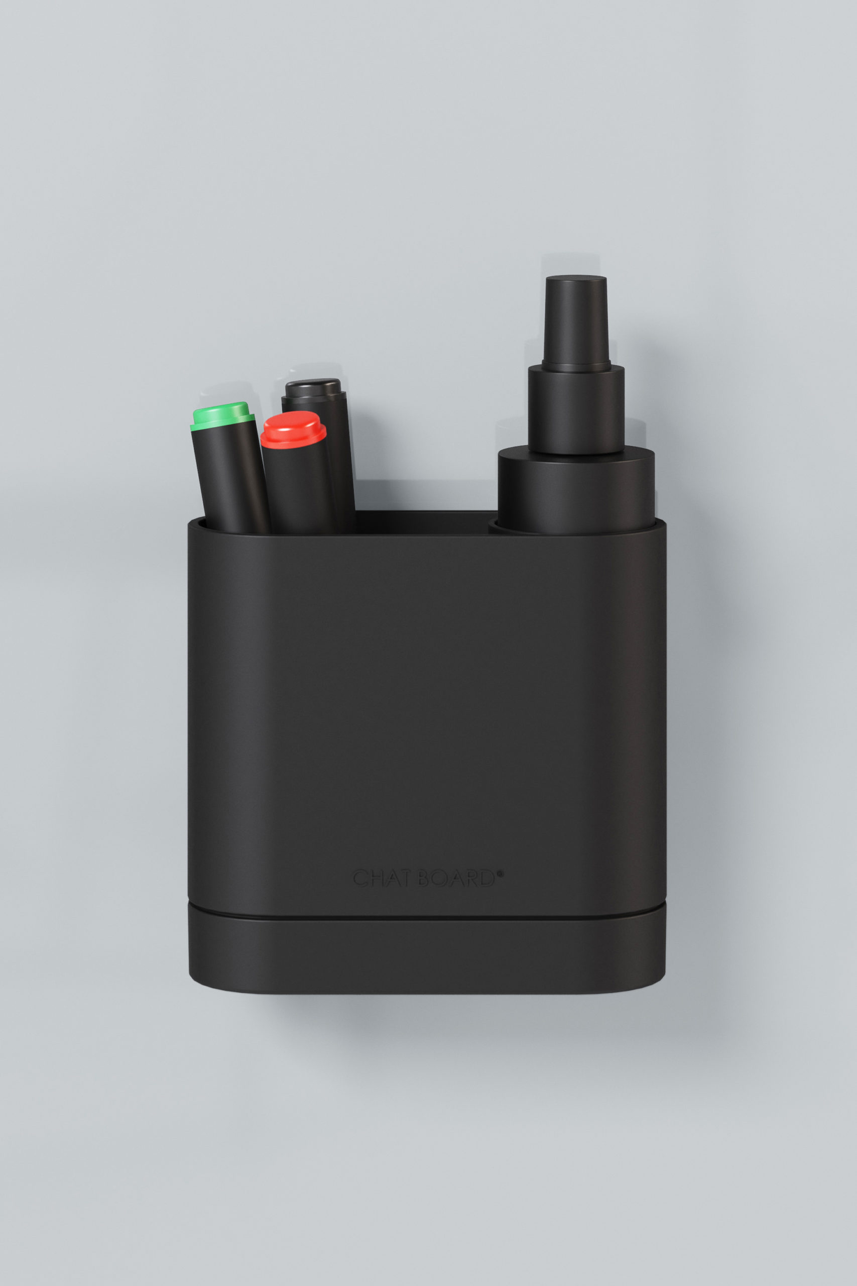 CHAT BOARD Dock storage unit with integrated eraser sponge - in black, shown with pens and cleaner spray