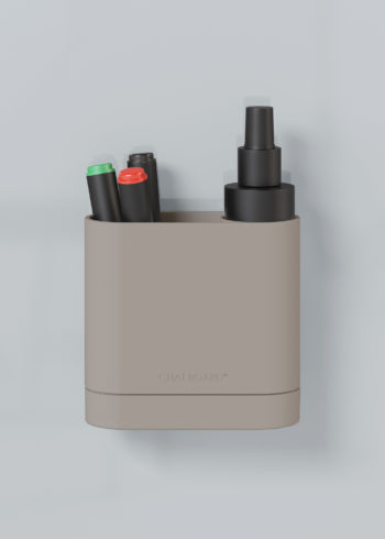 CHAT BOARD Dock storage unit with integrated eraser sponge - in greige, shown with pens and cleaner spray