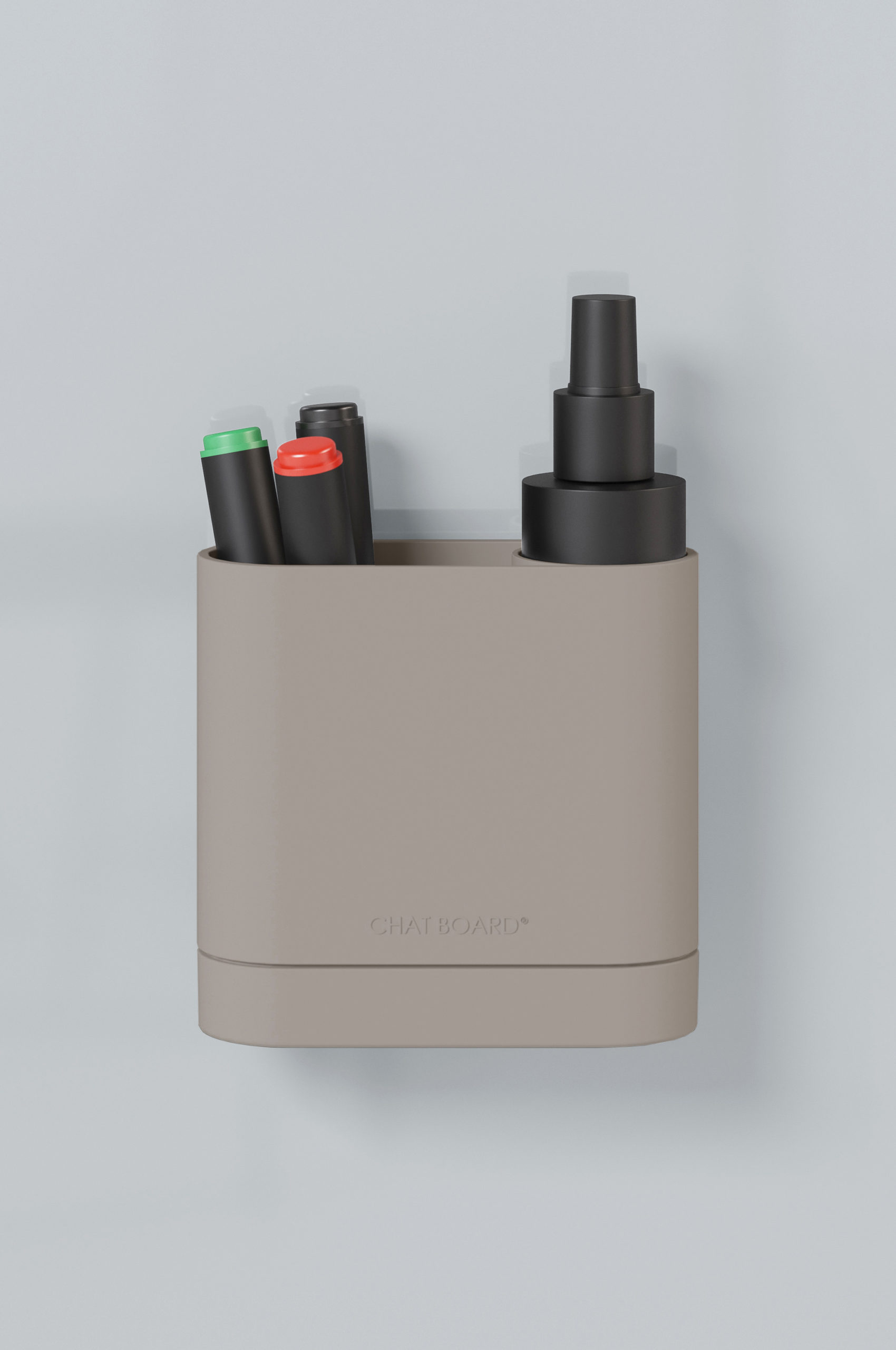 CHAT BOARD Dock storage unit with integrated eraser sponge - in greige, shown with pens and cleaner spray
