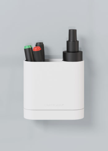 CHAT BOARD Dock storage unit with integrated eraser sponge - in white, shown with pens and cleaner spray
