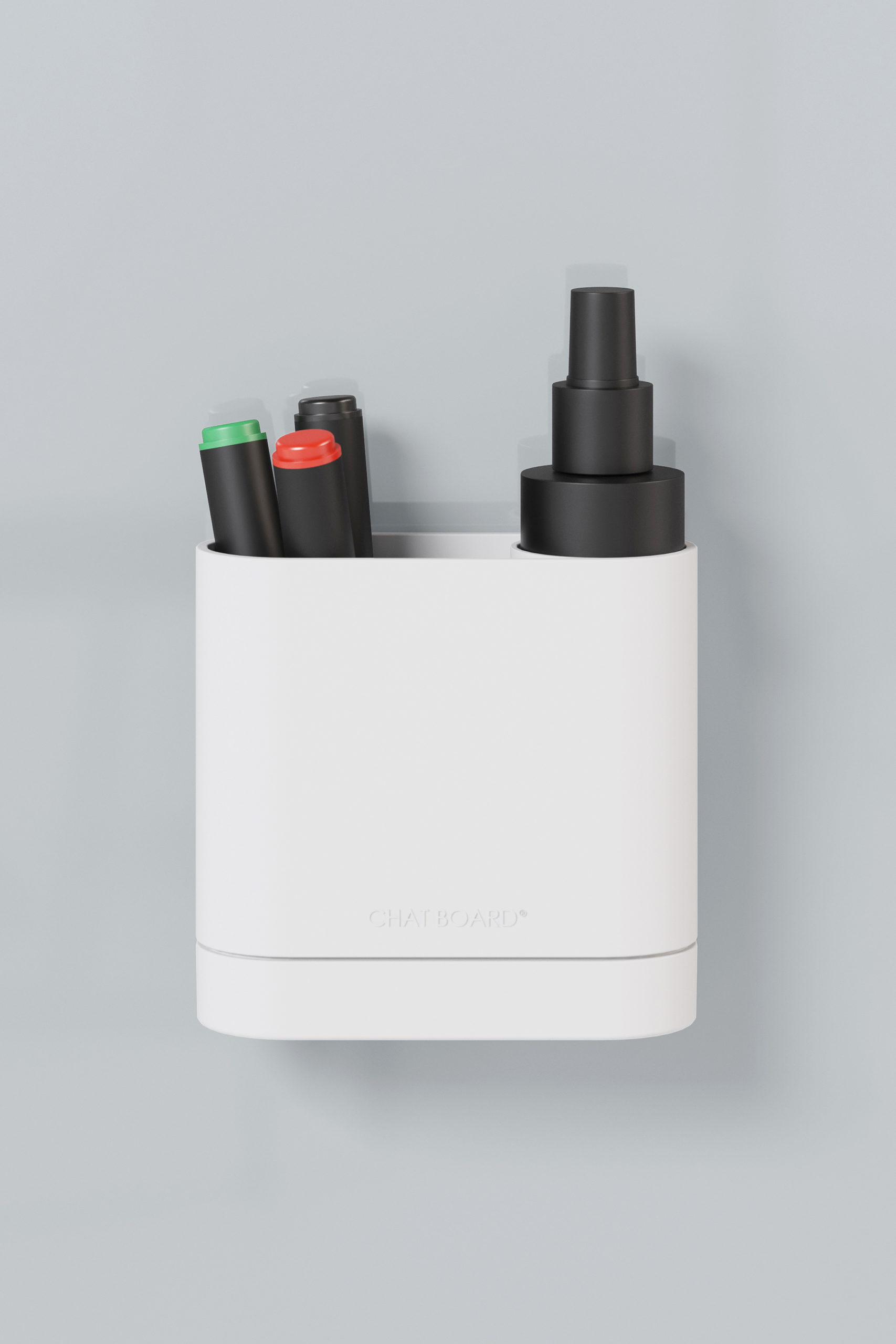 CHAT BOARD Dock storage unit with integrated eraser sponge - in white, shown with pens and cleaner spray