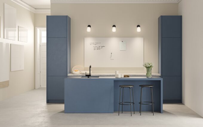Large whiteboard in a modern kitchen and meeting space